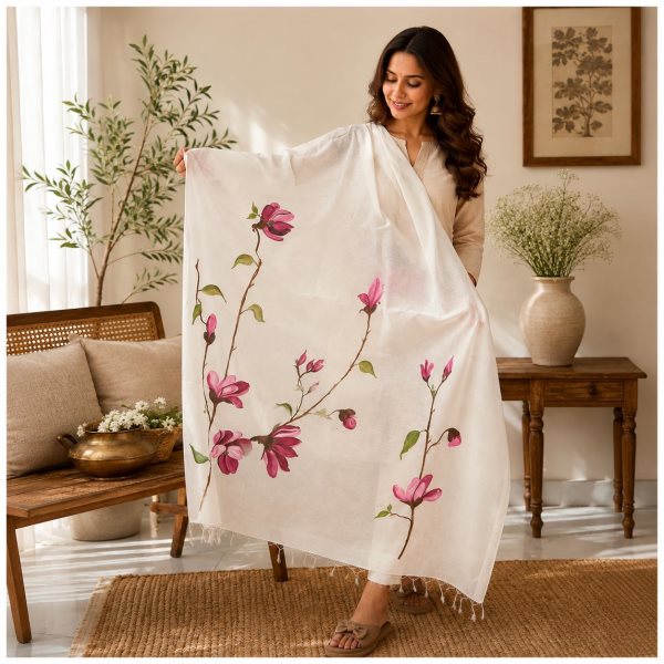 Cream Chanderi Dupatta with Pink Magnolia | Handpainted