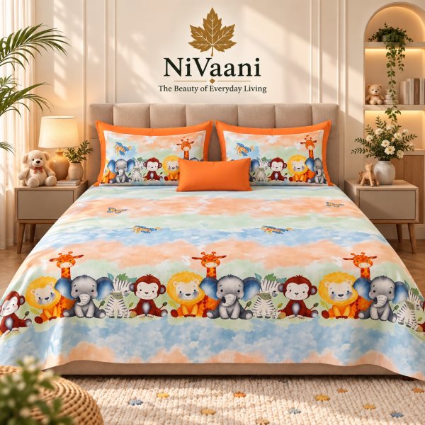 NiVaani Calciow Safari 100% Cotton King Size Bedsheet with 2 Pillow Covers (108x108 inches)